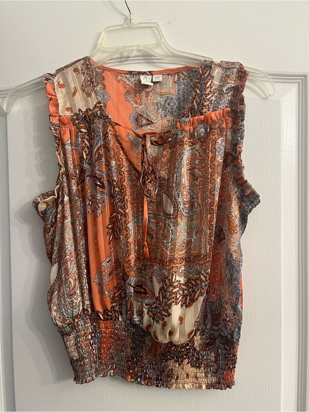 Joie Orange Paisley Tie-Neck Smocked Hem Tank
